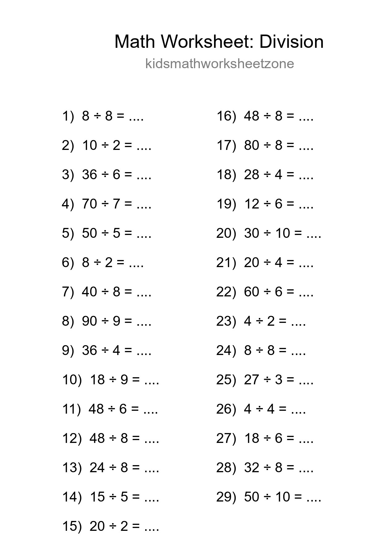 Printable Free 29 Division Math Worksheet For Grade 1 - Part 37