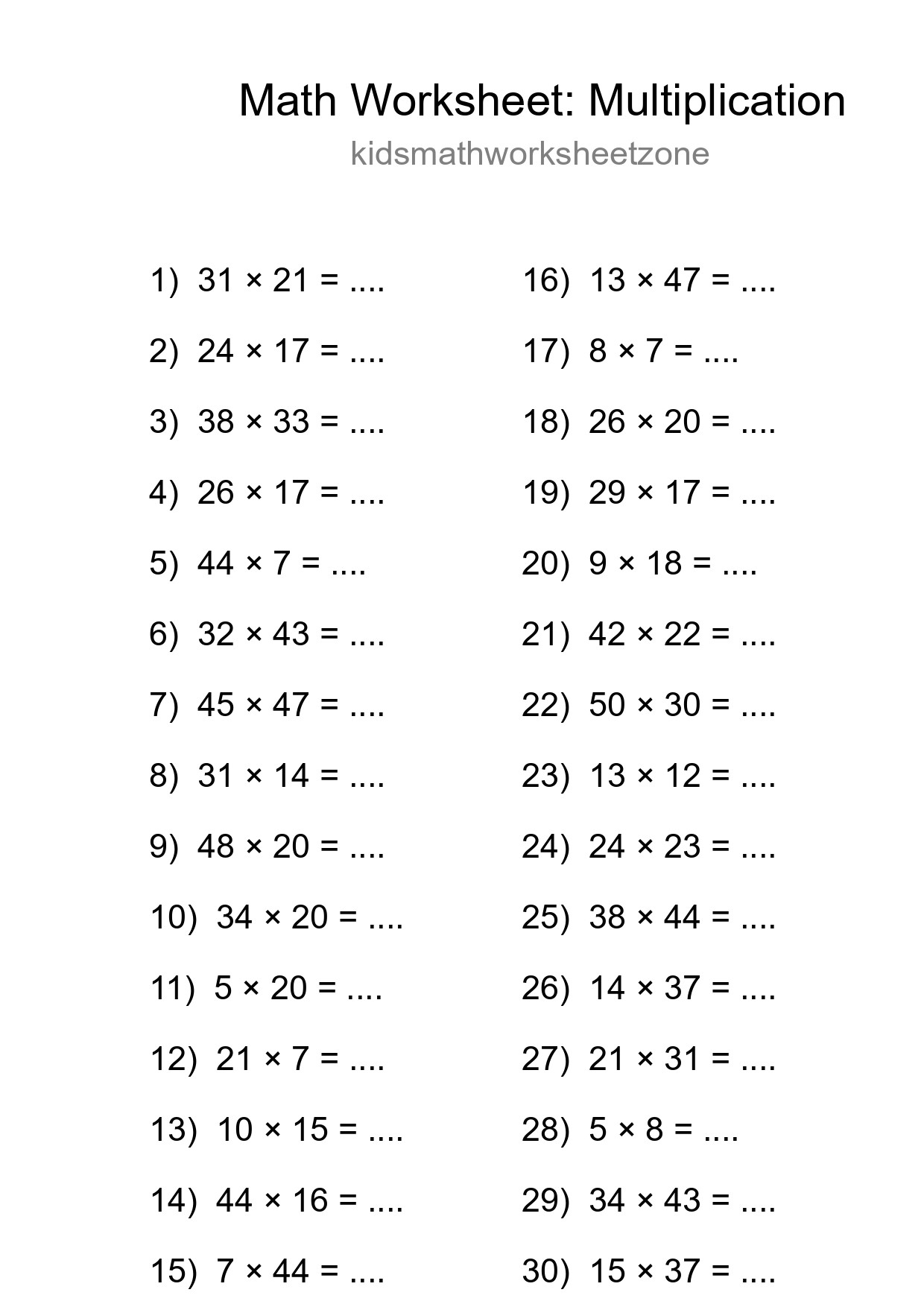 Printable Free 30 Multiplication Math Worksheet For Grade 2 - Part 260
